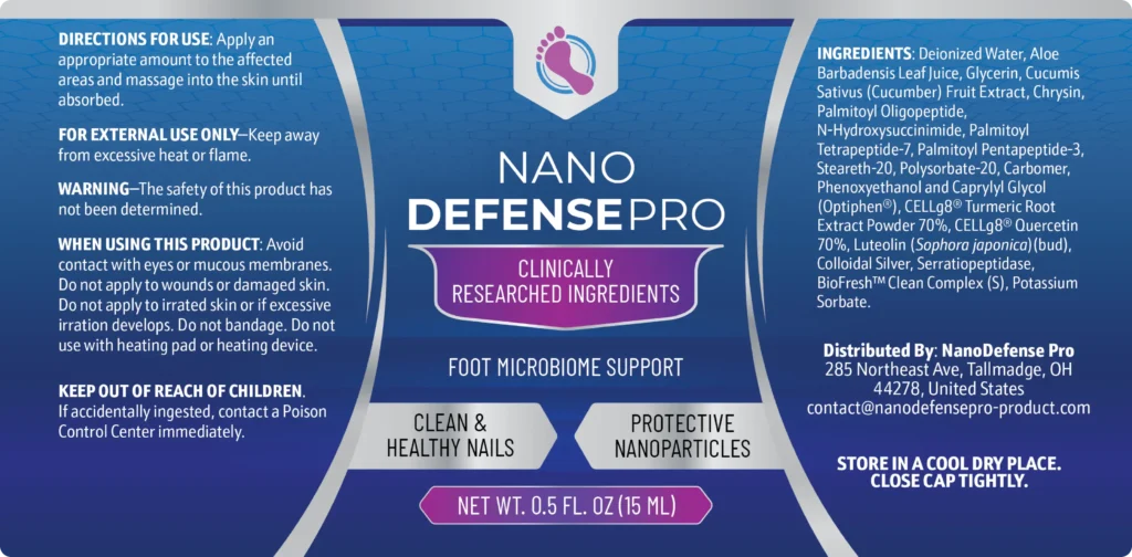 Nano Defense Pro ingredients label and usage directions – topical foot care formula with aloe, cucumber, peptides, and colloidal silver
