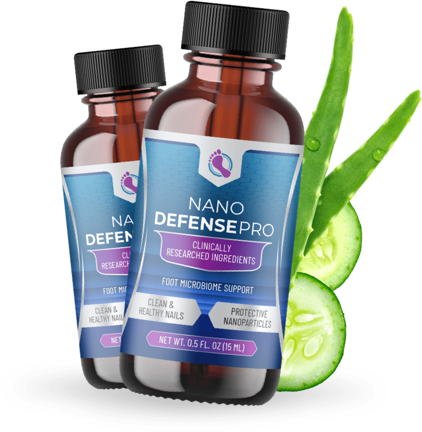 Nano Defense Pro foot care supplement bottle with cucumber and aloe vera – supports foot microbiome and healthy nails