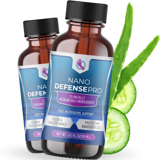 Nano Defense Pro foot care supplement bottle with cucumber and aloe vera – supports foot microbiome and healthy nails